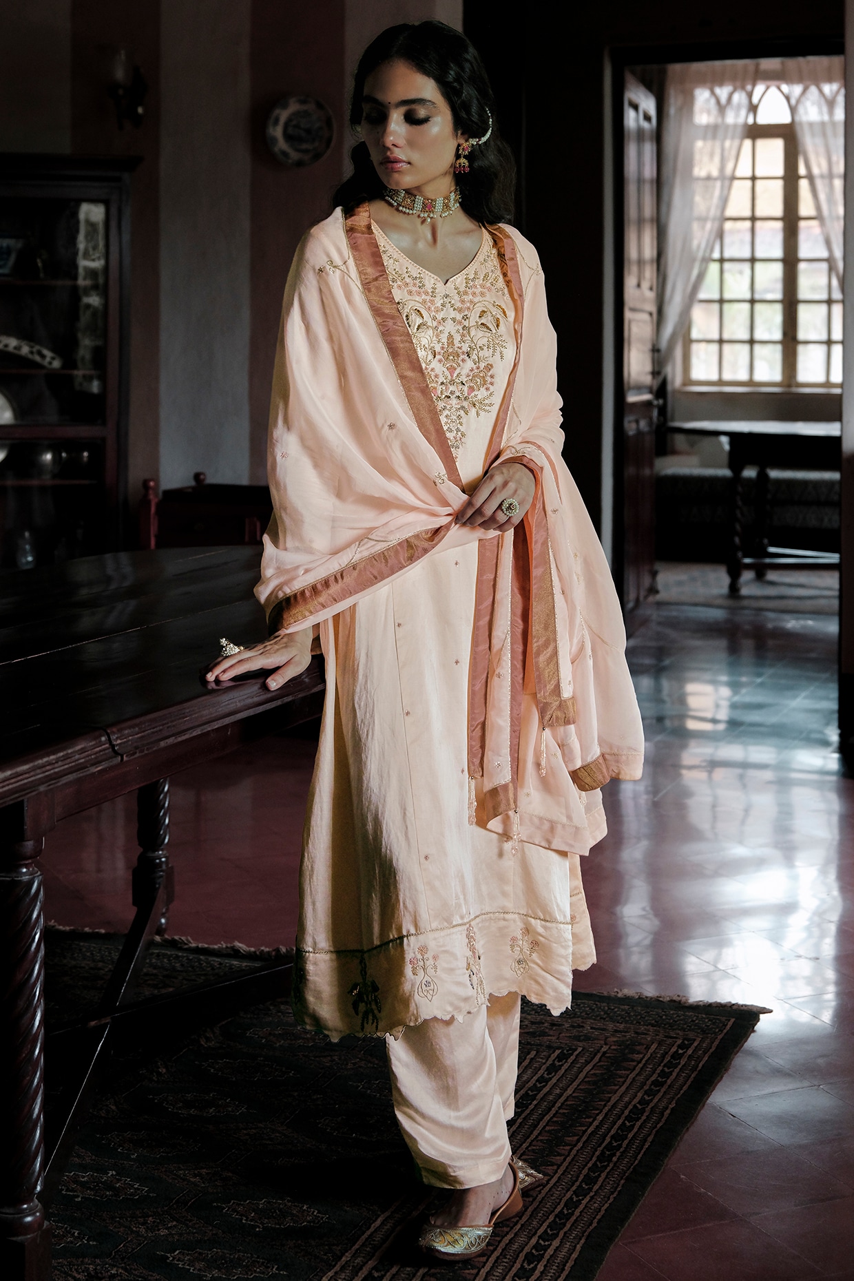 ANANTI Pale Peach Linen Silk Aari Embroidered Kurta Set