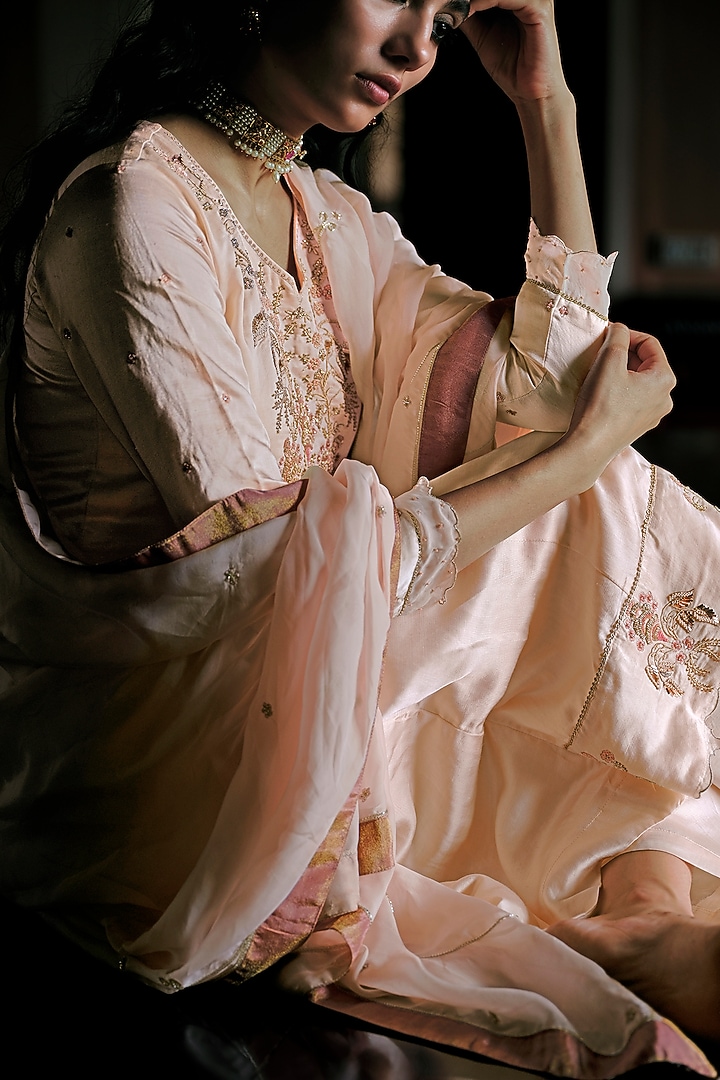 Pale Peach Linen Silk Aari Embroidered Kurta Set by ANANTI at Pernia's Pop Up Shop