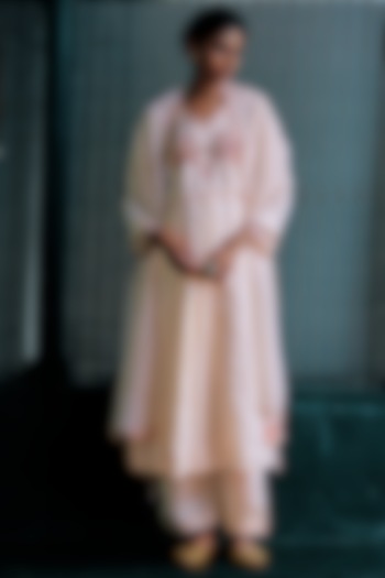 Petal Pink Linen Silk Cutwork Embroidered Kurta Set by ANANTI at Pernia's Pop Up Shop