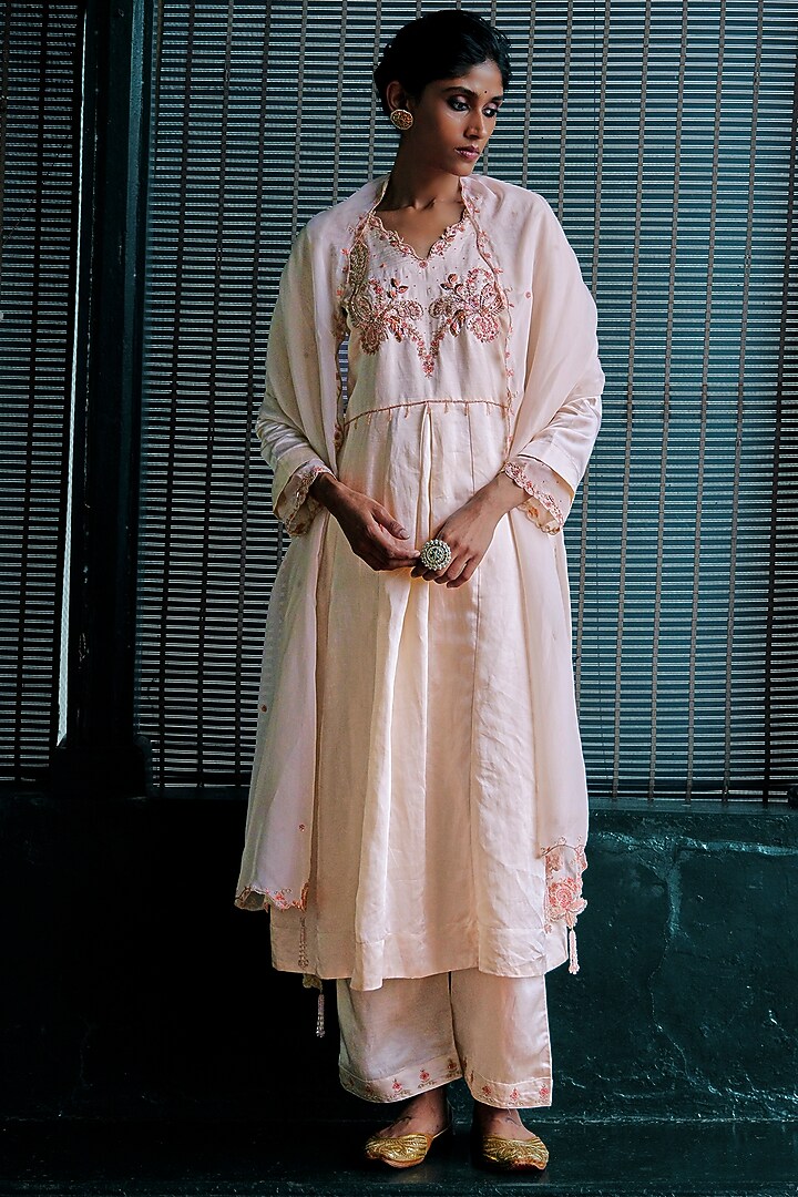 Petal Pink Linen Silk Cutwork Embroidered Kurta Set by ANANTI at Pernia's Pop Up Shop