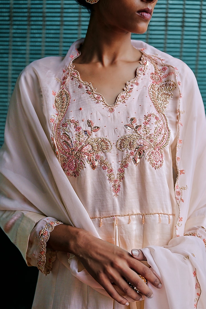 Petal Pink Linen Silk Cutwork Embroidered Kurta Set by ANANTI at Pernia's Pop Up Shop