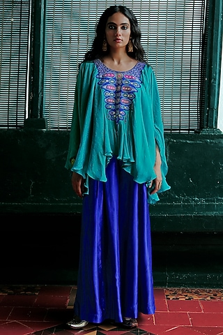 Blue Shimmer Silk Aari Embroidered Asymmetrical Kurta Set by ANANTI