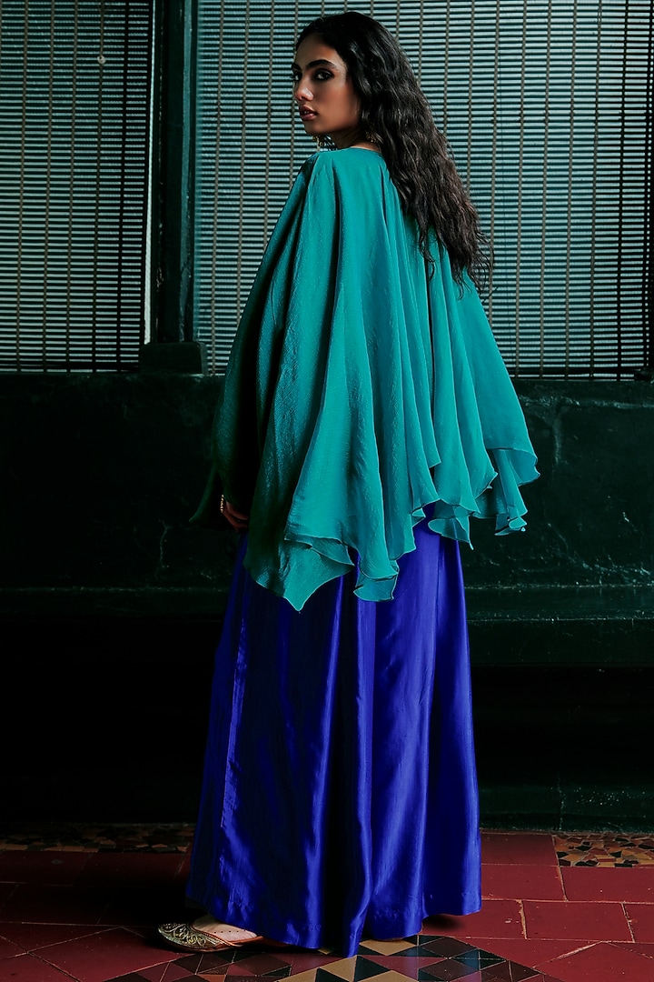Blue Shimmer Silk Aari Embroidered Asymmetrical Kurta Set by ANANTI at Pernia's Pop Up Shop