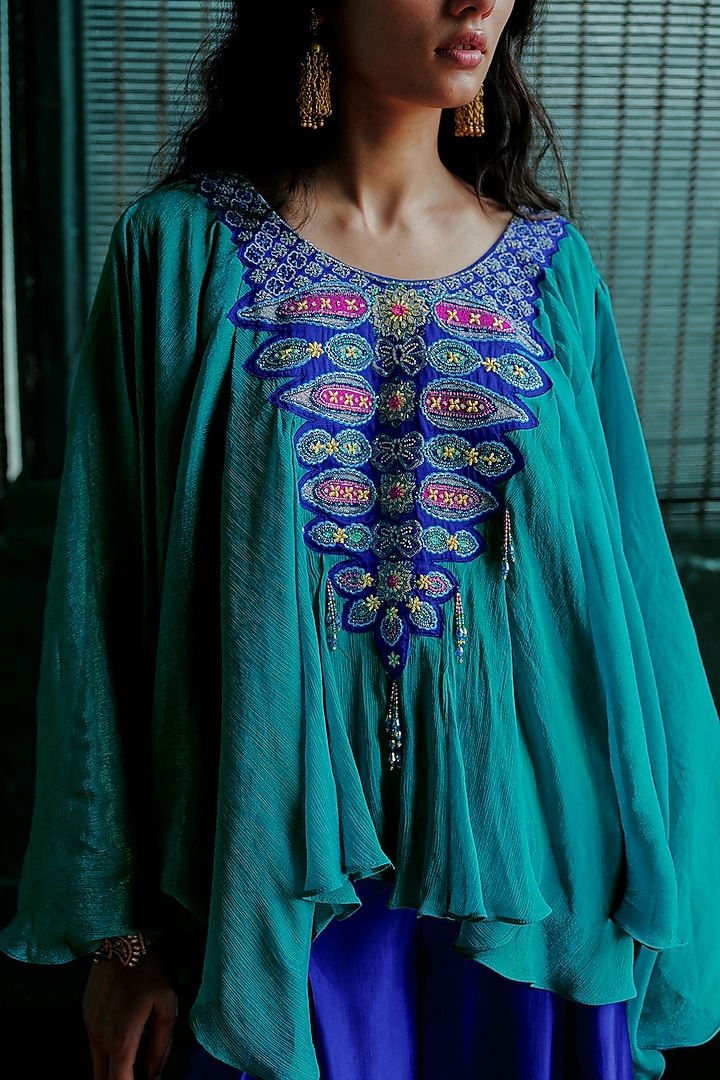Blue Shimmer Silk Aari Embroidered Asymmetrical Kurta Set by ANANTI at Pernia's Pop Up Shop