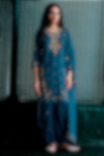 Teal Blue Muslin Aari Embroidered Patiala Kurta Set by ANANTI at Pernia's Pop Up Shop