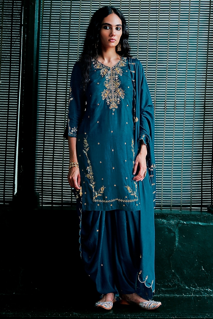 Teal Blue Muslin Aari Embroidered Patiala Kurta Set by ANANTI at Pernia's Pop Up Shop