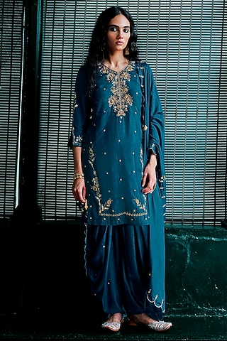 Teal Blue Muslin Aari Embroidered Patiala Kurta Set by ANANTI