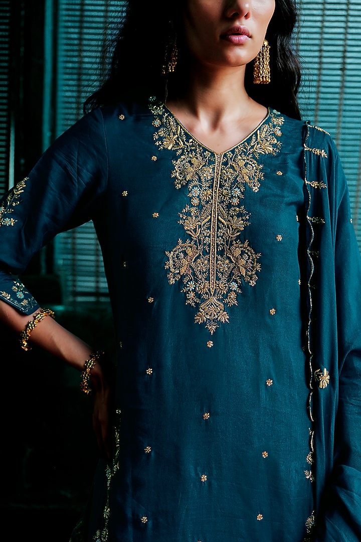 Teal Blue Muslin Aari Embroidered Patiala Kurta Set by ANANTI at Pernia's Pop Up Shop