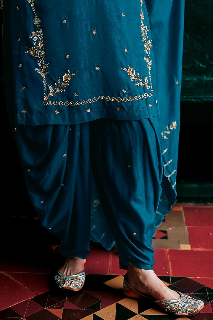 Teal Blue Muslin Aari Embroidered Patiala Kurta Set by ANANTI at Pernia's Pop Up Shop