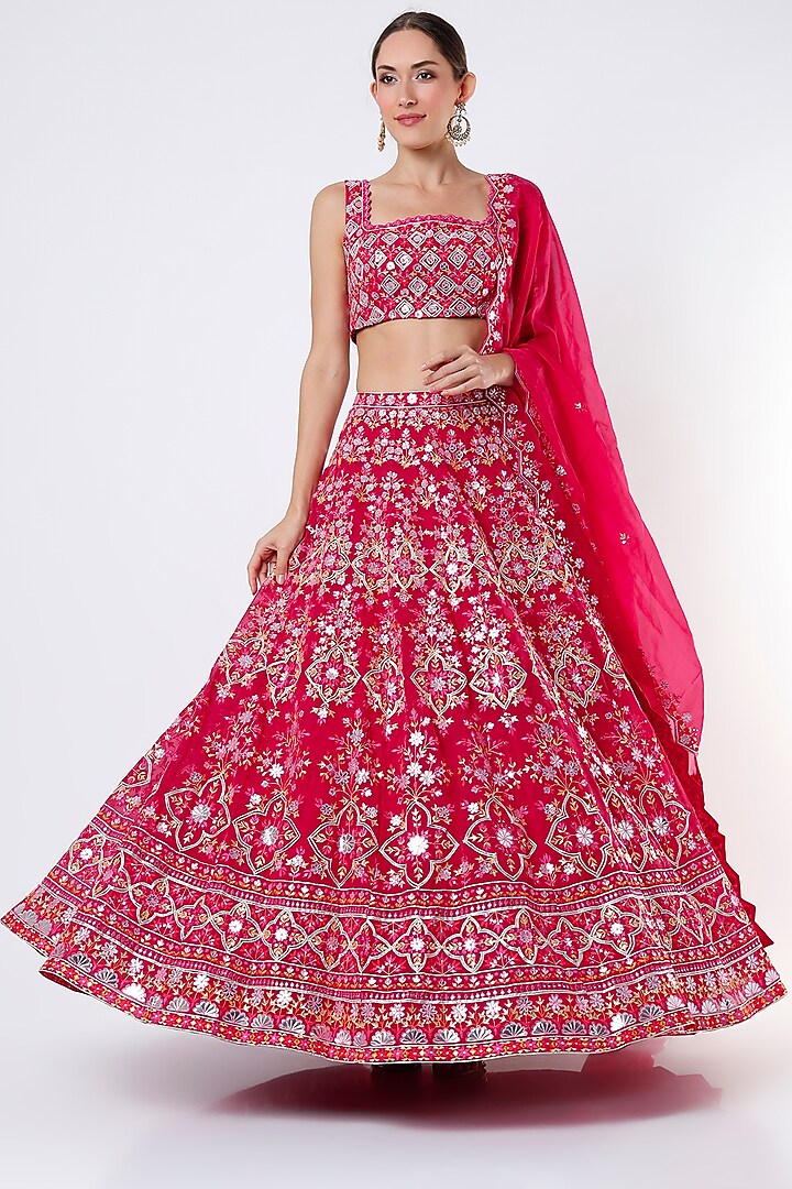 Cherry Tomato Georgette Lehenga Set by Aneesh Agarwaal