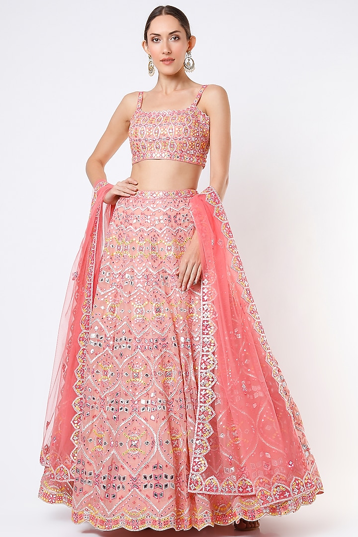 Sky Pink Embroidered Bridal Lehenga Set by Aneesh Agarwaal at Pernia's Pop Up Shop