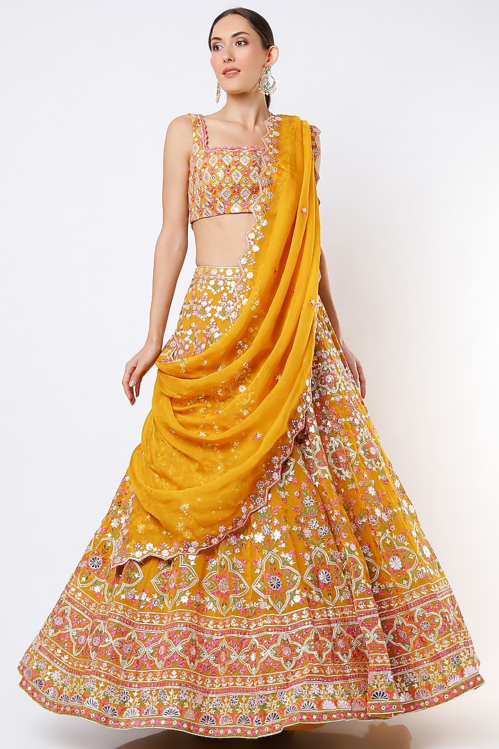 Mustard Embroidered Lehenga Set by Aneesh Agarwaal