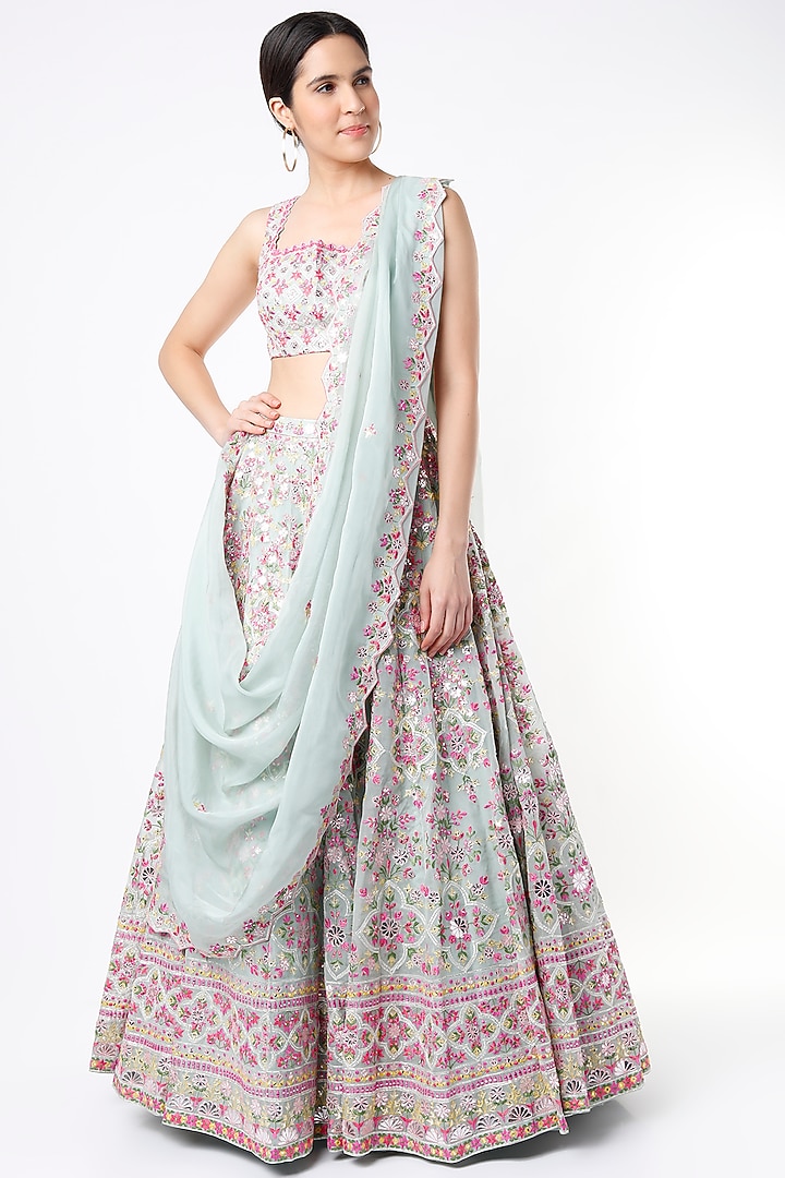 Pale Blue Embroidered Bridal Lehenga Set by Aneesh Agarwaal at Pernia's Pop Up Shop