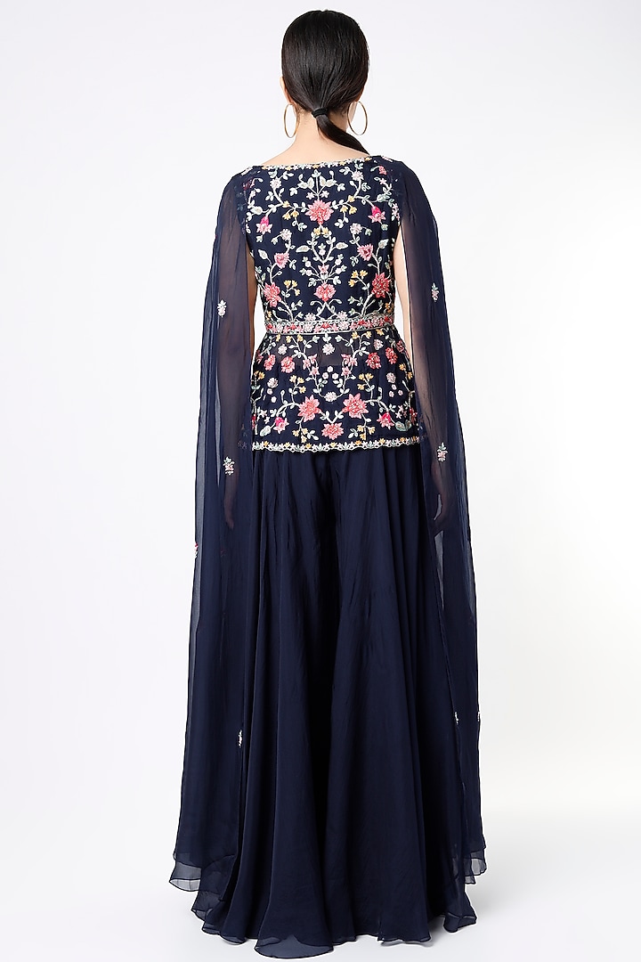 Dark Navy Blue Organza Wedding Sharara Set by Aneesh Agarwaal PRET at Pernia's Pop Up Shop
