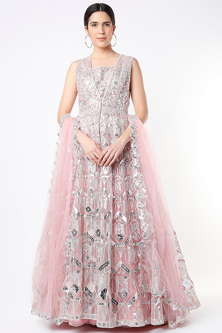 Blush Pink Net Thread Applique Embroidered Jacket Bridal Lehenga Set by Aneesh Agarwaal at Pernia's Pop Up Shop
