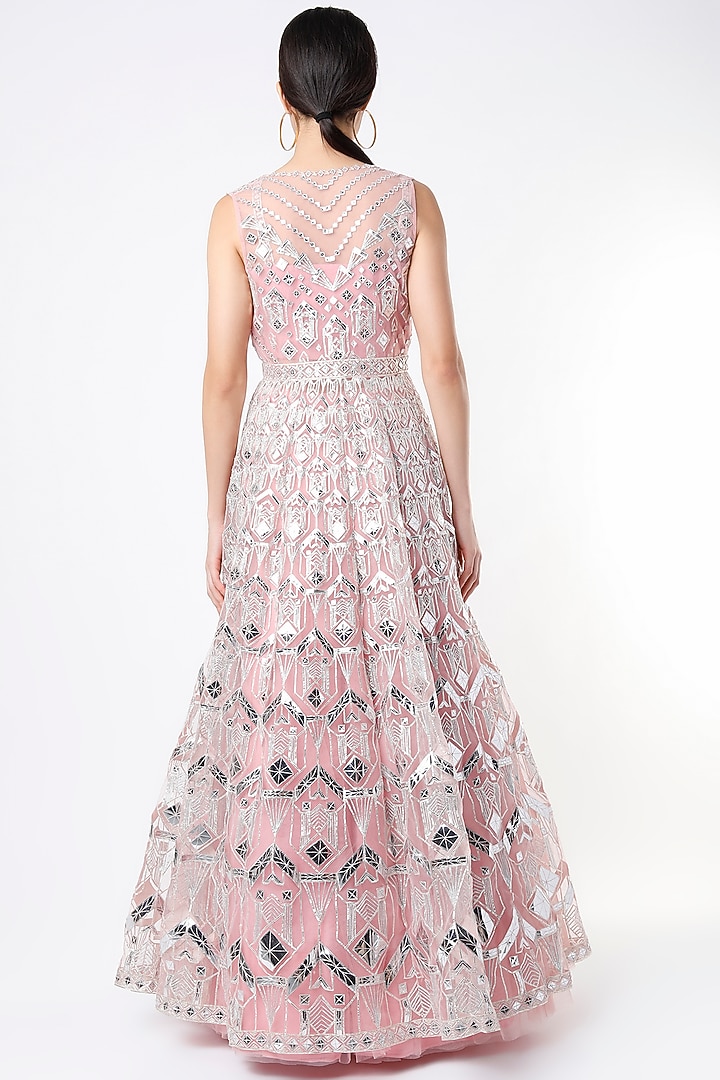 Blush Pink Net Thread Applique Embroidered Jacket Bridal Lehenga Set by Aneesh Agarwaal at Pernia's Pop Up Shop