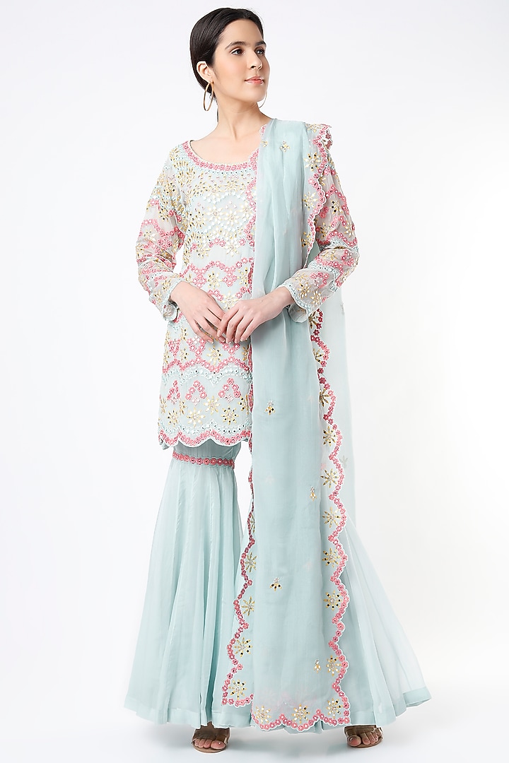 Powder Blue Georgette Thread Embroidered Gharara Set by Aneesh Agarwaal PRET at Pernia's Pop Up Shop