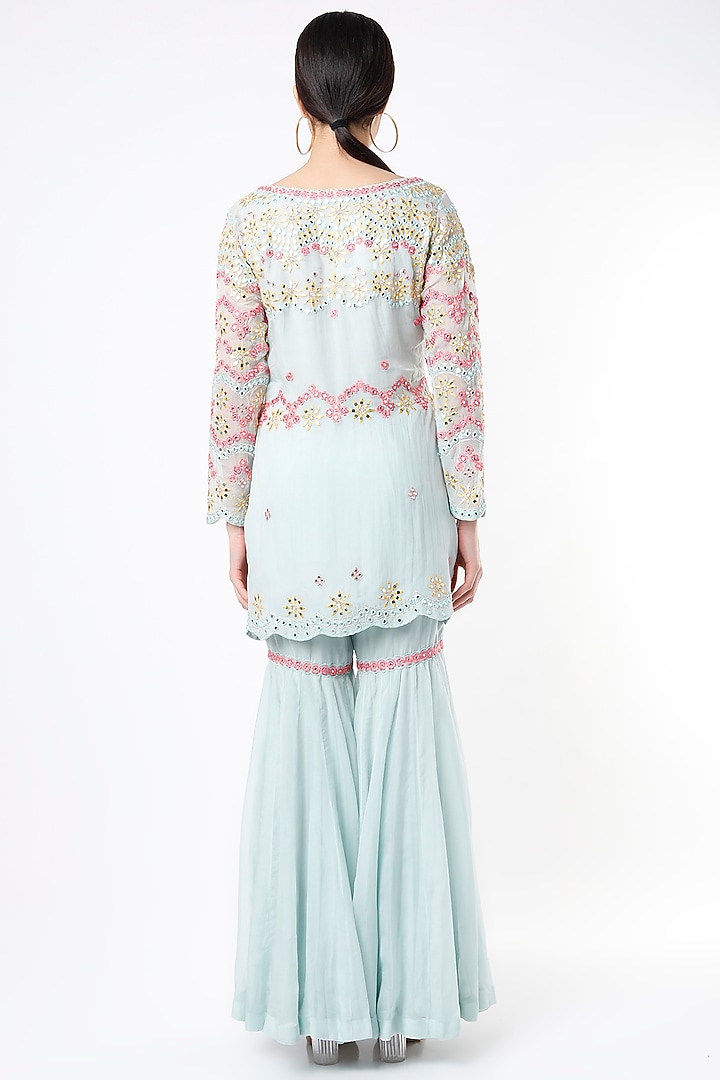 Powder Blue Georgette Thread Embroidered Gharara Set by Aneesh Agarwaal PRET at Pernia's Pop Up Shop