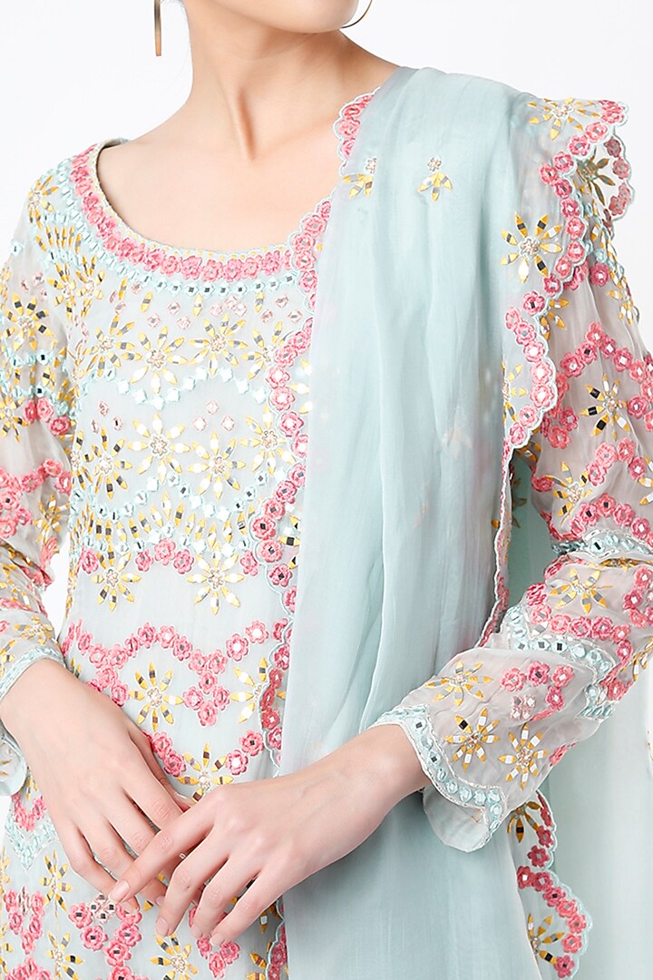 Powder Blue Georgette Thread Embroidered Gharara Set by Aneesh Agarwaal PRET at Pernia's Pop Up Shop