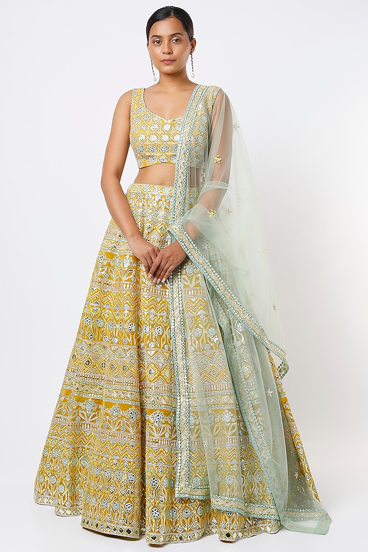 Lemon Yellow Embellished Bridal Lehenga Set by Aneesh Agarwaal at Pernia's Pop Up Shop