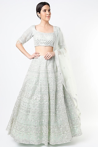 Ice Blue Embroidered Lehenga Set by Aneesh Agarwaal