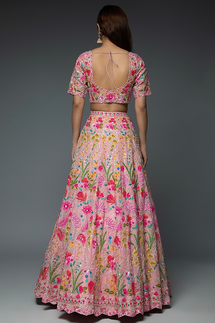 Salmon Pink Silk Organza Embroidered Bridal Lehenga Set by Aneesh Agarwaal at Pernia's Pop Up Shop
