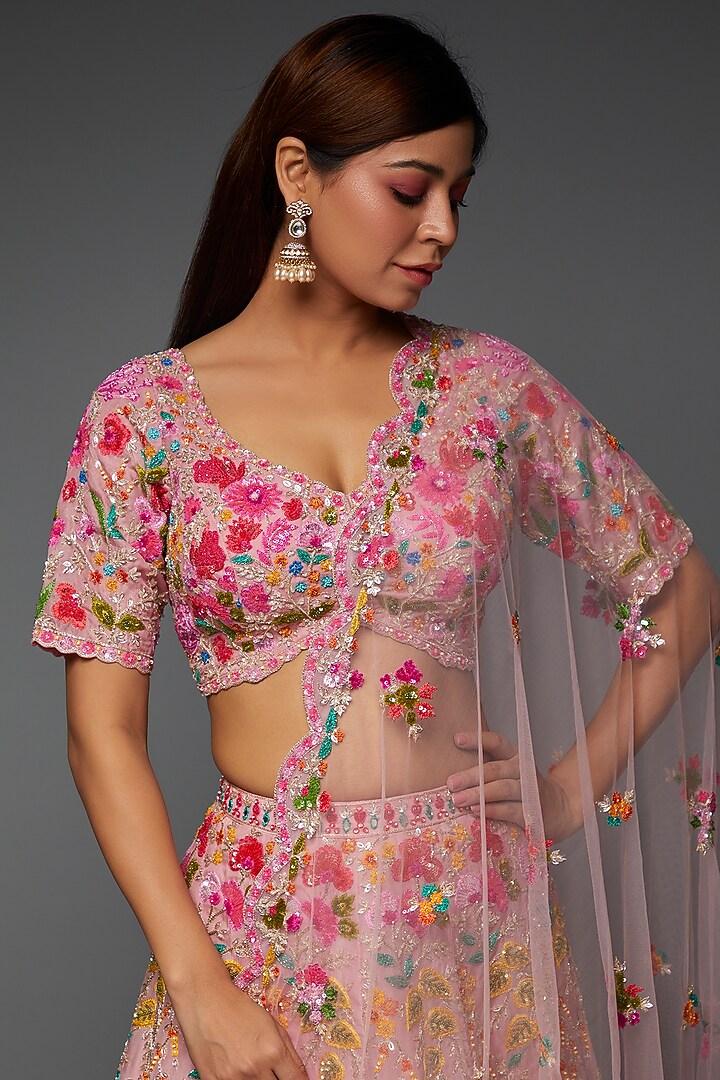 Salmon Pink Silk Organza Embroidered Bridal Lehenga Set by Aneesh Agarwaal at Pernia's Pop Up Shop