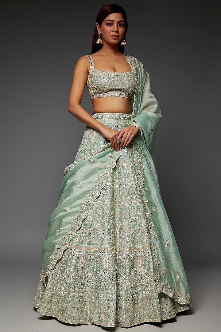 Mint Green Soft Organza Embroidered Bridal Lehenga Set by Aneesh Agarwaal at Pernia's Pop Up Shop