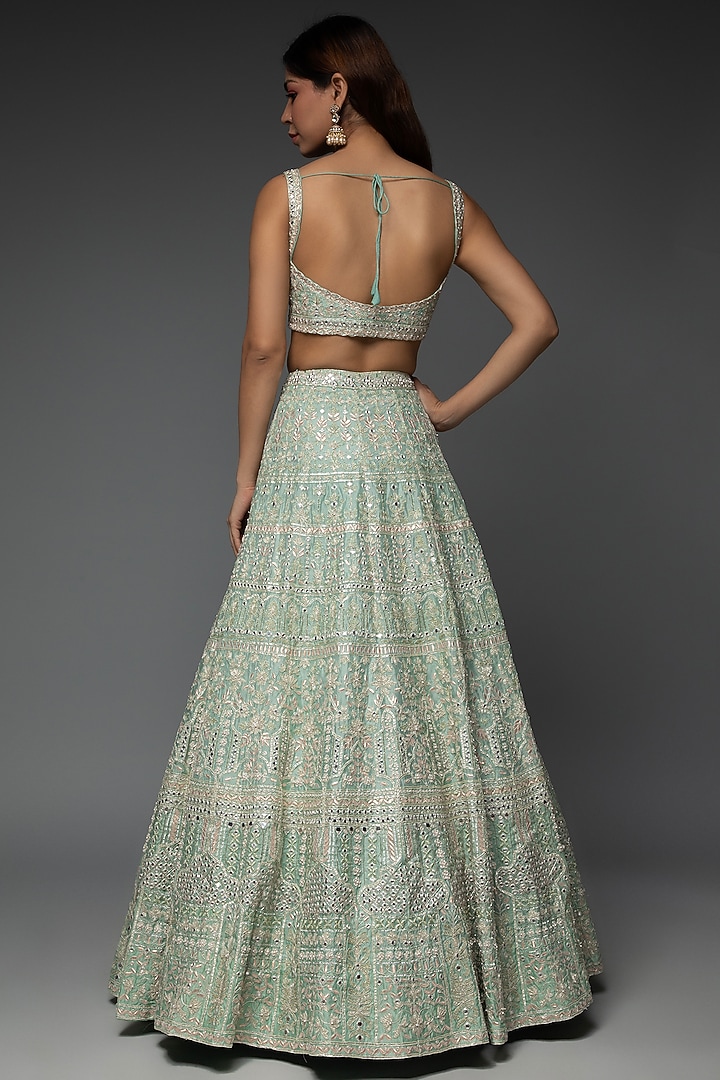 Mint Green Soft Organza Embroidered Bridal Lehenga Set by Aneesh Agarwaal at Pernia's Pop Up Shop