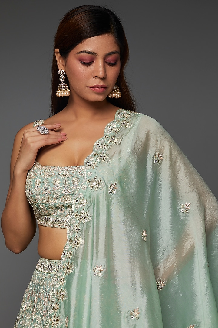 Mint Green Soft Organza Embroidered Bridal Lehenga Set by Aneesh Agarwaal at Pernia's Pop Up Shop