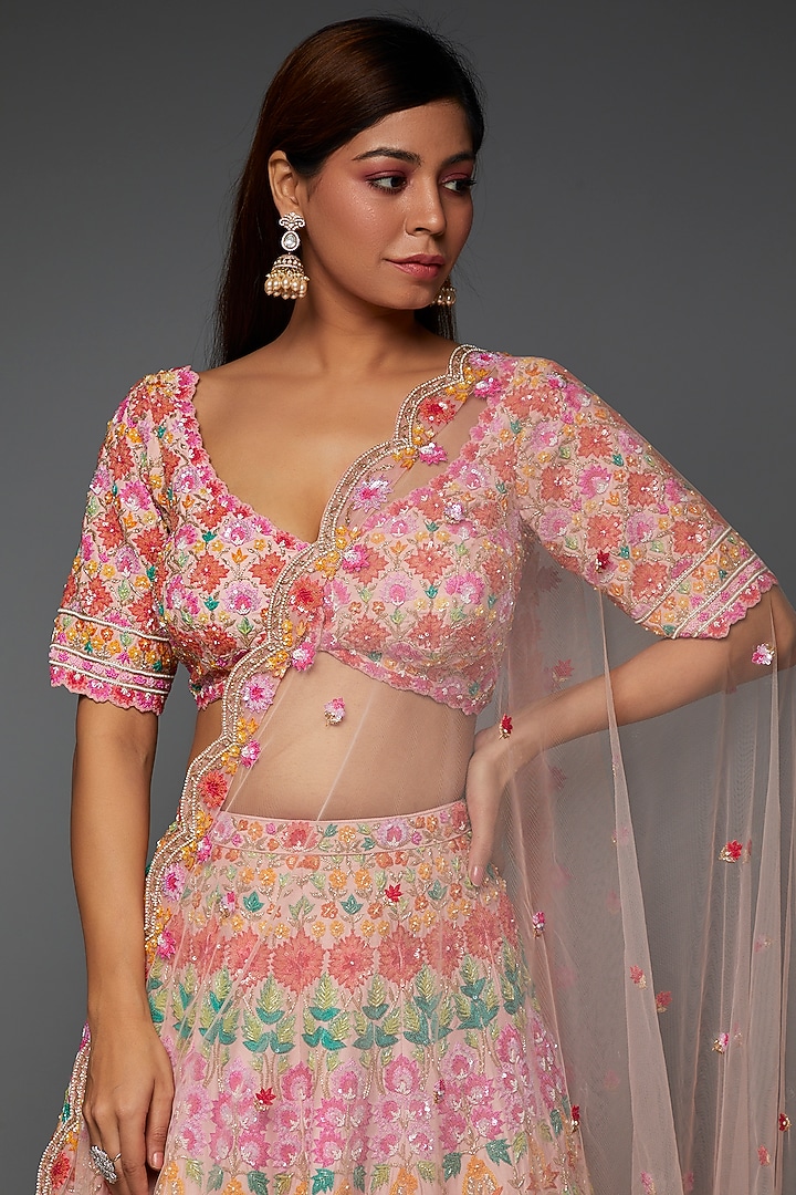 Salmon Pink Silk Organza Embroidered Bridal Lehenga Set by Aneesh Agarwaal at Pernia's Pop Up Shop
