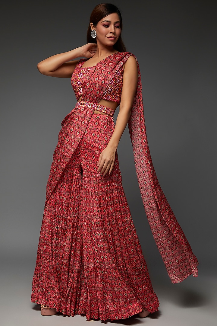 Red Chiffon & Net Paisley Printed Sharara Saree Set by Aneesh Agarwaal PRET