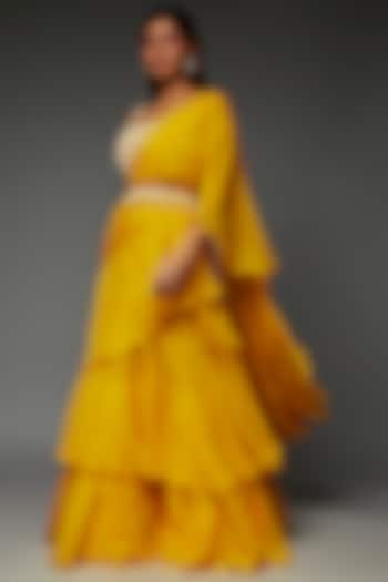 Yellow Chiffon Pre-Stitched Saree Set by Aneesh Agarwaal