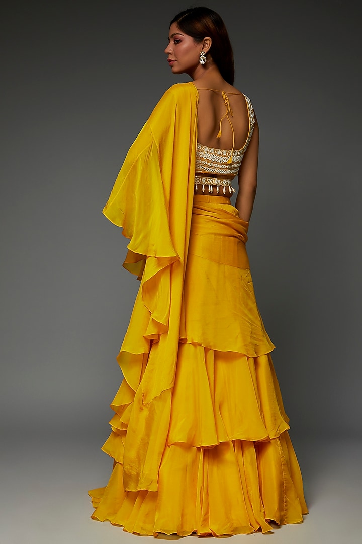 Yellow Chiffon Pre-Stitched Wedding Saree Set by Aneesh Agarwaal PRET at Pernia's Pop Up Shop