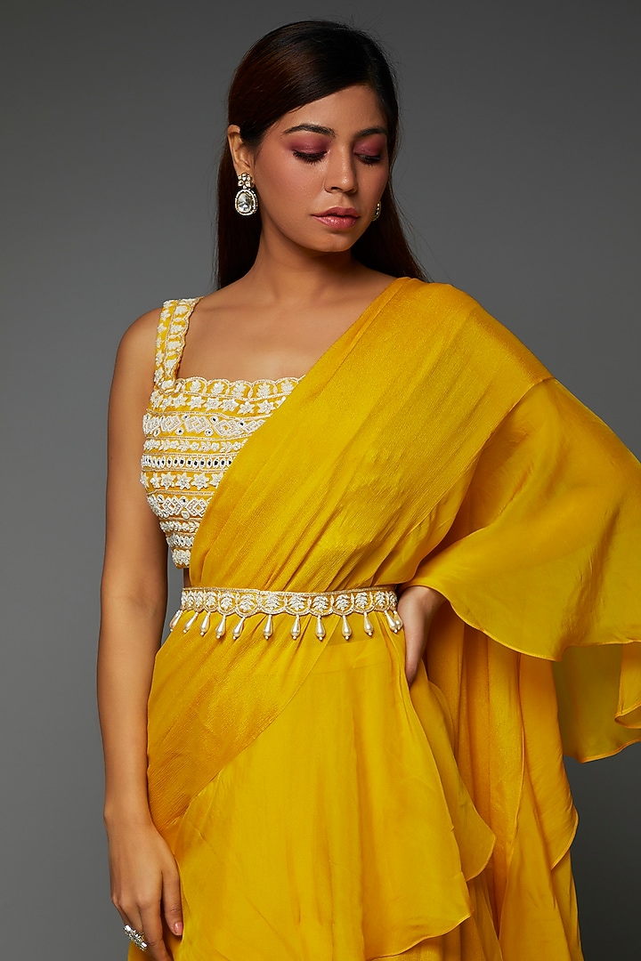 Yellow Chiffon Pre-Stitched Wedding Saree Set by Aneesh Agarwaal PRET at Pernia's Pop Up Shop