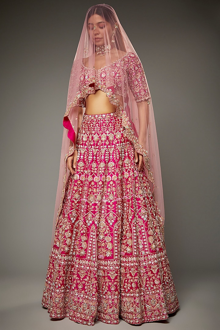 Fuchsia Soft Organza Embroidered Lehenga Set by Aneesh Agarwaal