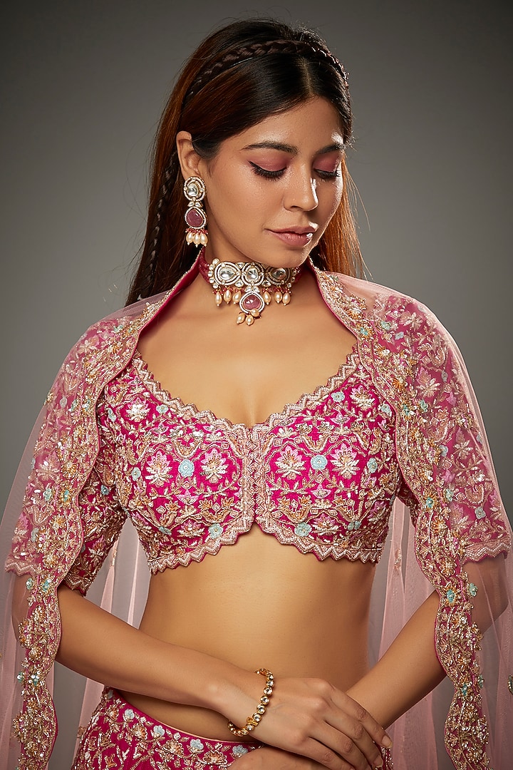 Fuchsia Soft Organza Embroidered Bridal Lehenga Set by Aneesh Agarwaal at Pernia's Pop Up Shop