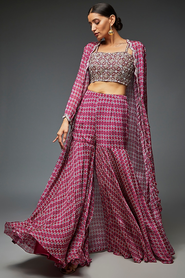 Purple Chiffon Printed Wedding Sharara Set by Aneesh Agarwaal PRET at Pernia's Pop Up Shop