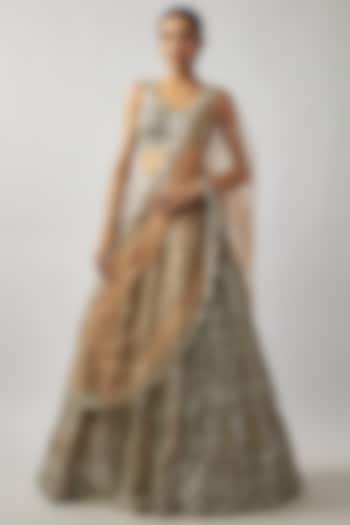Bronze Net Foil Embroidered Bridal Lehenga Set by Aneesh Agarwaal at Pernia's Pop Up Shop