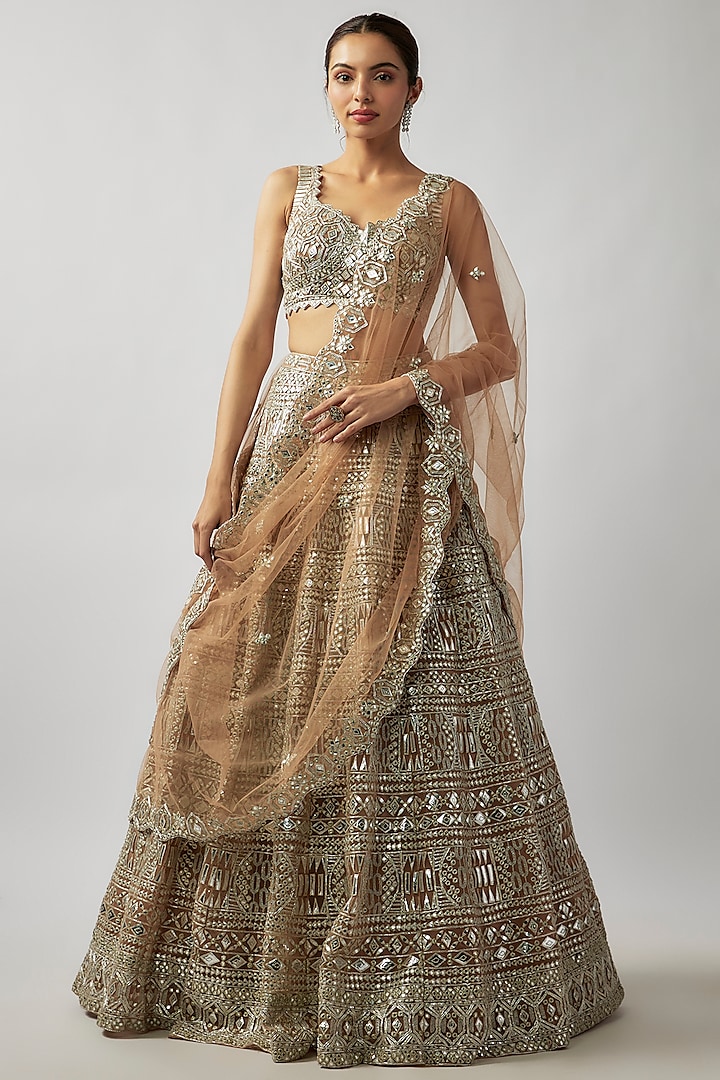 Bronze Net Foil Embroidered Bridal Lehenga Set by Aneesh Agarwaal at Pernia's Pop Up Shop