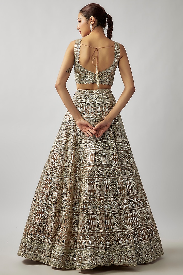 Bronze Net Foil Embroidered Bridal Lehenga Set by Aneesh Agarwaal at Pernia's Pop Up Shop