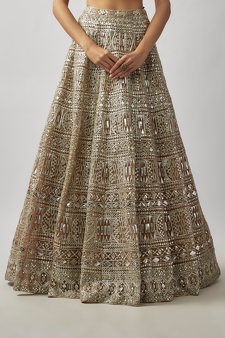 Bronze Net Foil Embroidered Bridal Lehenga Set by Aneesh Agarwaal at Pernia's Pop Up Shop
