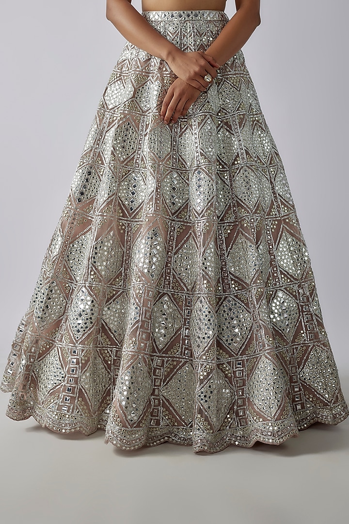 Taupe Net Mirror Embroidered Bridal Lehenga Set by Aneesh Agarwaal at Pernia's Pop Up Shop