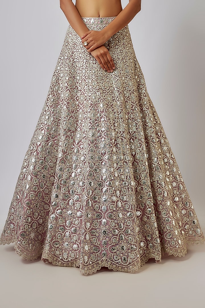 Onion Pink Net Mirror Embroidered Bridal Lehenga Set by Aneesh Agarwaal at Pernia's Pop Up Shop