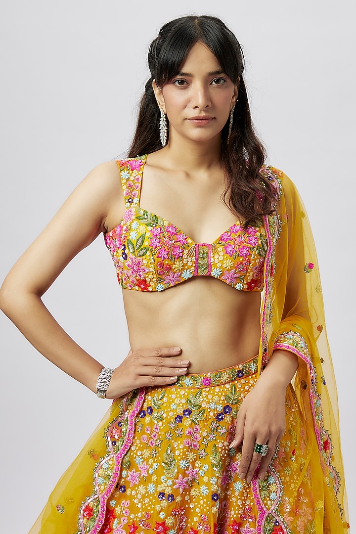 Yellow Organza Embroidered Bridal Lehenga Set by Aneesh Agarwaal at Pernia's Pop Up Shop
