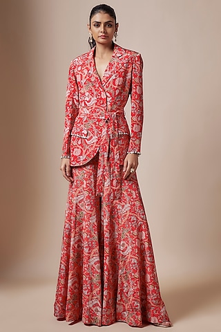 Red Crepe Kalamkari Printed Jacket Set by Aneesh Agarwaal PRET