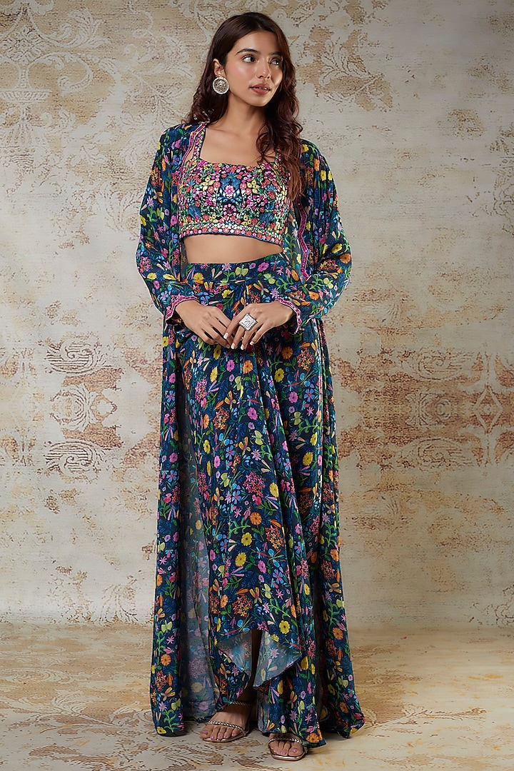 Navy Blue Crepe Thread Embroidered Jacket Set by Aneesh Agarwaal PRET