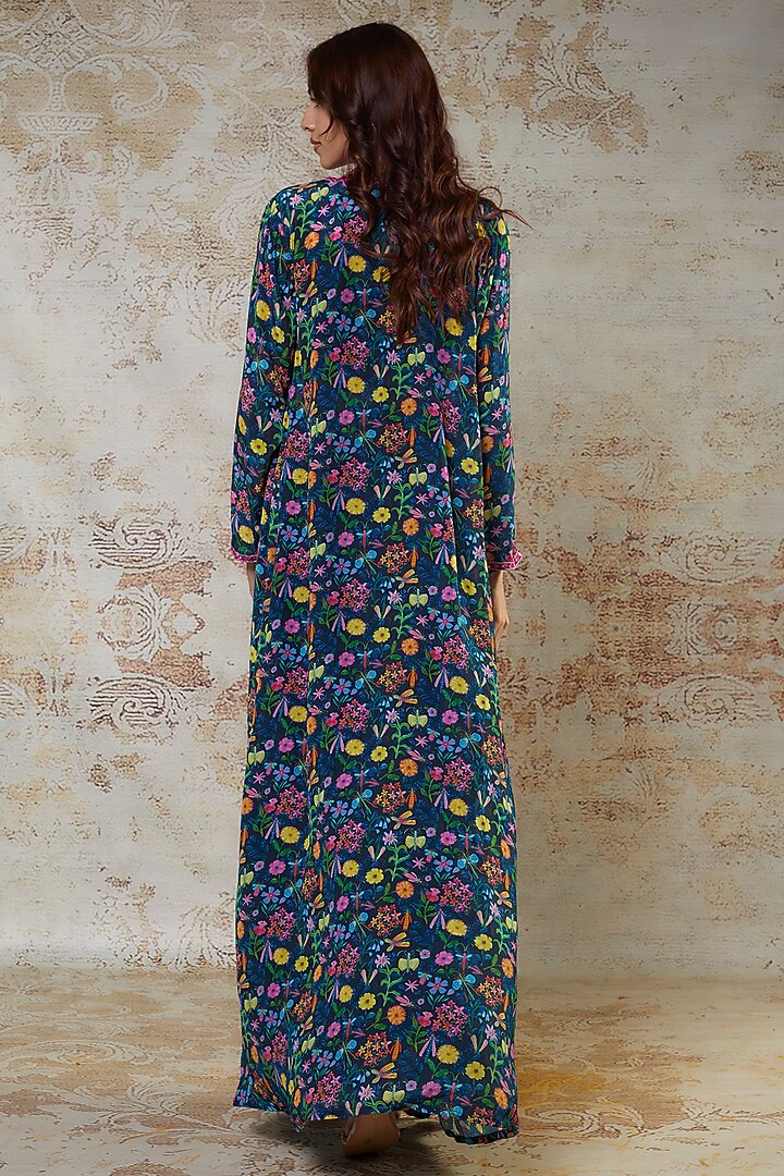 Navy Blue Crepe Thread Embroidered Jacket Set by Aneesh Agarwaal PRET at Pernia's Pop Up Shop