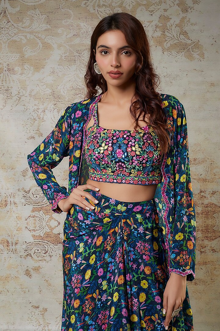 Navy Blue Crepe Thread Embroidered Jacket Set by Aneesh Agarwaal PRET at Pernia's Pop Up Shop