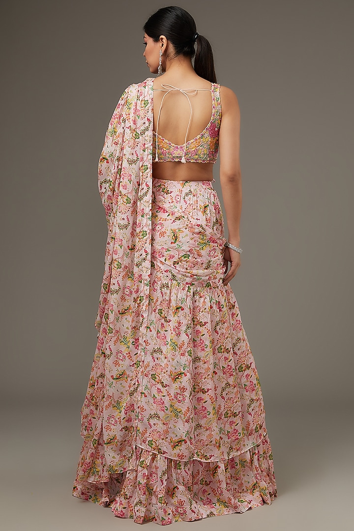 Peach Crepe Floral Chintz Printed Pre-Stitched Layered Wedding Saree Set by Aneesh Agarwaal PRET at Pernia's Pop Up Shop